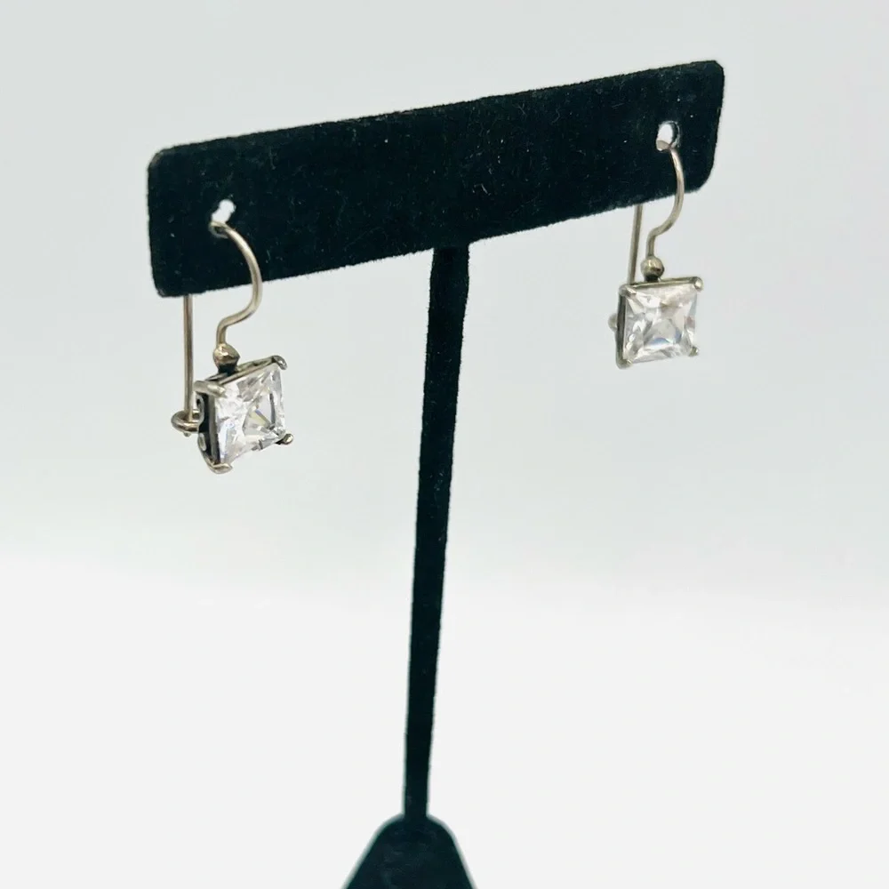 Simple artisan 925 silver shepherds hook rectangular clear rhinestone earrings